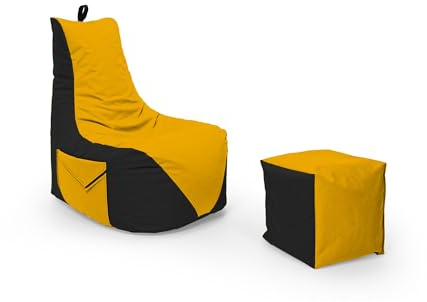Nadimaideal Gamer Sitzsack Komfort XL - XXL für Kinder, Teenager & Erwachsene | Indoor & Outdoor | Sitzsack Gaming | Füllung EPS Perlen (Schwarz - Gelb, Sitzsack XL mit Hocker)