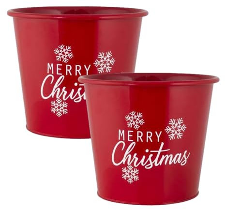 Fyne-Finds Metal Merry Christmas Red Plant Pot Pail 20cm, 8inch Planter Xmas Decor SnowFlakes Themed Pots (2)