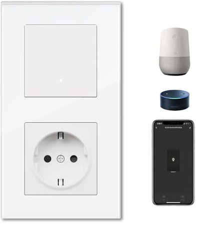 BSEED Enchufe y Smart Interruptor Empotrado de Cristal 1 Gang 1 vía, Interruptor de Botón WiFi Compatible con Alexa/Google Home, Interruptor Funciona con APP Smart Life/Tuya, Blanco