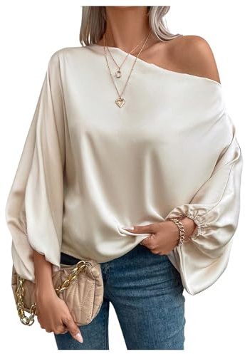 Verdusa Off The Shoulder Blouses for Women 3/4 Length Sleeve Asymmetrical Tops Business Casual Outfits Apricot Large