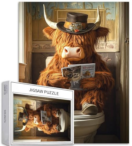 Highland Cow Reading Magazine 1000 Teile Erwachsenen-Puzzle sitzend auf der Toilette, Kunst-Puzzle, herausforderndes Familien-Aktivitätsspiel, buntes DIY-Bastelpuzzle als Heimdekoration, Geschenk,