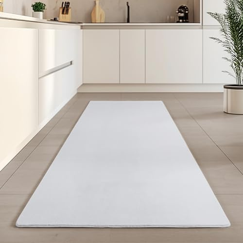 Carpetsale24 Kurzflor Teppich Läufer Flur 80 x 250 cm Weiß - Teppich Waschbar, rutschfest, Weich, modern einfarbig Design - für Wohnzimmer, Schlafzimmer, Küche, Esszimmer