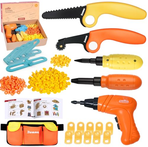 ZLemma Kids Cardboard Tool Kit- 258 Piece Cardboard Construction Toolbox – with Drill, Safety Saw, Scorer, Hinges & Bolt, Portable Waist Bag, Gift Box for Creative DIY Projects