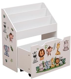 CFDZ Wooden White Bookshelf for Kids Children's Bookcase with Storage Drawer and Wheels Book and Toy Organizer Cabinet for Bedroom Playroom Classroom MDF