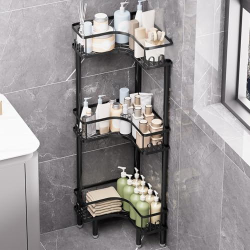 Biutimarden 3 Tier per Mensola Doccia con 4 Ganci su Ogni Mensola per Doccia Impermeabile Scaffale Angolare da Terra Grande Capacità Scaffale Bagno per Bagno Cucina (Nero)
