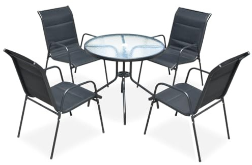 Qnhdfrt Gartenmöbel Set 4 Stühle und 1 Tisch aus Stahl mit Riffelglasplatte Schwarz Wetterfest und Stapelbar für Terrasse Balkon und Gartenbereich