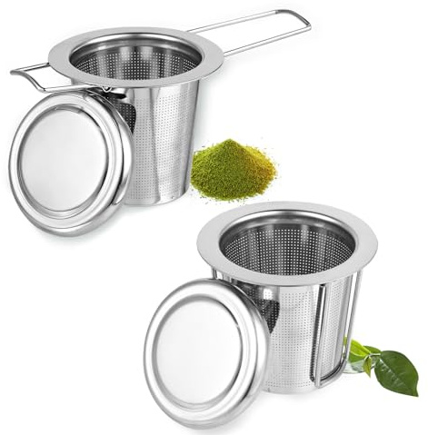 Infusore Per Tisane 2 Pezzi Filtro per Tè con Coperchio in Acciaio Inox 304 Colino fine per foglie sciolte manico pieghevole adatto a tazze teiere lavabile in lavastoviglie