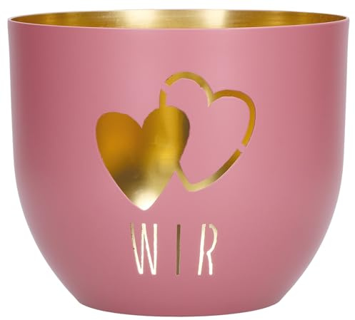 Butzon & Bercker LichterZeit Windlicht Wir - Teelichthalter Metall Rosa | Design mit Goldveredelung und Herzmotiv - Format 11 x 9,2 cm - Inklusive Geschenkverpackung - Romantische Deko-Idee