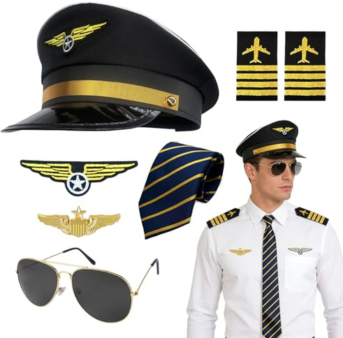 GYIOFAI 7 Pcs Pilot Captain Hat Costume Accessories Set,Halloween Military Airplane Captain Costume Fancy Dress Kit, Aviator Hat, Armband Badge Tie Glasses, for Cosplay Dress up Party