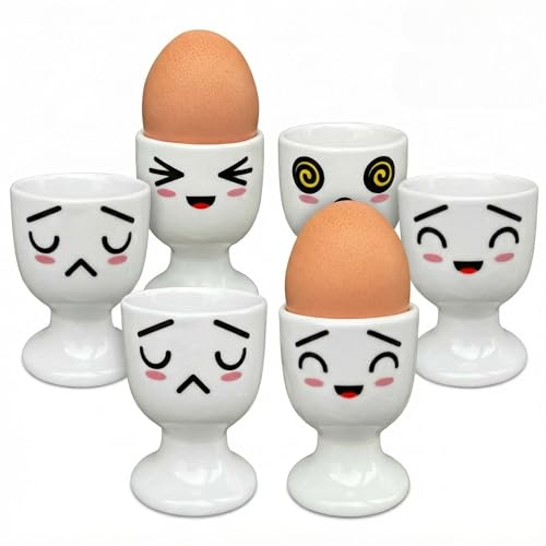 MIJOMA Set 6 Porzellan Eierbecher Funny Faces Kollektion 2 – ca. 7x5 cm – beidseitige Gesichter, spülmaschinenfest, für Frühstück und Brunch