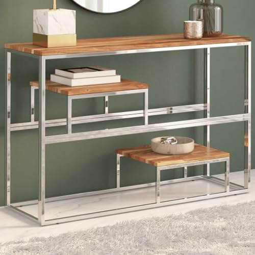 WDGJJFECNMUEHI Table Console Moderne pour Entrée et Salon, en Acier Inoxydable Argenté avec Plateau en Bois d'Acacia Massif, Design Élégant et Robuste, Facile à Nettoyer, Dimensions 110x35x70 cm