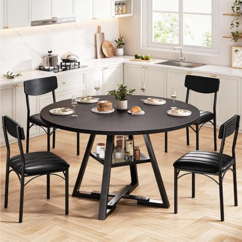 Jocoevol Runder Esstisch und 4 Esszimmerstühle Set, Essgruppe 5-Teilig, Esszimmertisch mit Ablage und 4 stühle für Küche, Wohnzimmer, Balkon, Restaurant, Büro (Schwarz, 120x120x76cm)