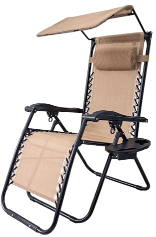 Sedia Sdraio 0 Gravità Pieghevole Professionale con Tettuccio Parasole e Poggiapiedi in Acciaio e Textilene – Reclinabile con Cuscino e Porta Bevande, Ideale per Giardino, Piscina e Campeggio - Beige