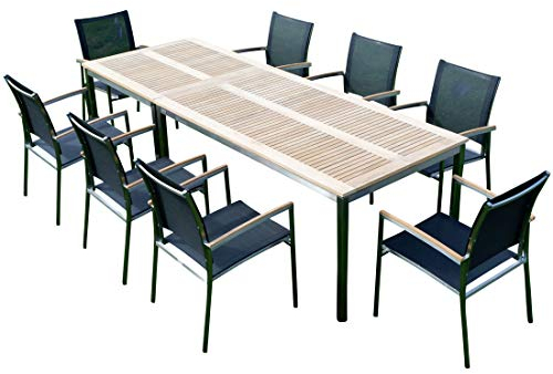 ALEOS. Gartengarnitur Edelstahl Batyline A-Grade Teak Holz Set Tisch 160x90 cm + Tisch 90x90 + 8 Sessel Serie Kuba-SCHWARZ Gastroqualität