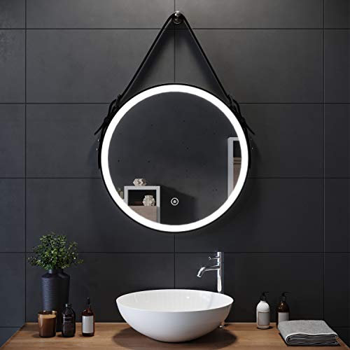 ELEGANT Modern Round LED Bathroom Mirror Wall Mounted with Lights Black Frame Leather Strap Illuminated Vanity Mirror with Sensor Touch Control, Anti-fog, Dimmable 3 Color Lighting 600 x 600mm