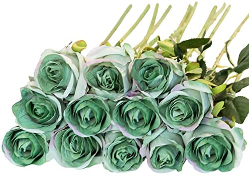 Floralsecret 12 pezzi, bouquet di rose artificiali in seta, fiori finti per decorazioni nuziali di casa, colore verde
