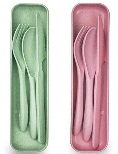 Travel Cutlery Set with Case,Portable Camping Cutlery,2 Pack Plastic Cutlery Set Reusable Forks Spoon Tableware for Kids Adult Travel Picnic Camping School or Daily Use(Green+Pink)