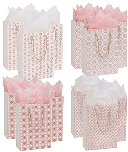 TUEWANR 12 Stück Premium Geschenktüten mit 20 Taschentüchern, Hochwertige Papiertüten mit Henkel und Dicker Haltbarkeit, Elegante Rosegold-Folienprägung, Robuste Gedrehte Griffe, 25x18x8cm