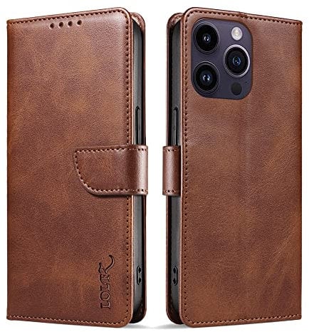 LOLFZ Wallet Case for iPhone 14 Pro, Vintage Leather Book Case with Card Holder Kickstand Magnetic Closure Flip Case Cover for iPhone 14 Pro - Coffee Brown