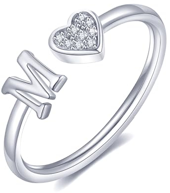 FUNEIA Herz Ring mit Buchstaben Damen Frauen Gold Silber Rosegold Verstellbarer Initiale A-Z Zirkonia Fingerring Stapelring Wasserfest Buchstabering Schmuck Mädchen Geschenkbox