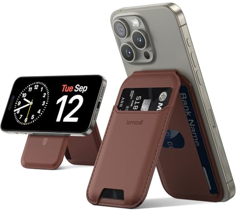 Lamicall Handy Kartenhalter für MagSafe Wallet - Ultra Leichter Vegan Leder Verstellbarer Ständer, Karten Halter mit 3 Kartenfächer, Magnetischer Wallet Halter für iPhone 16 15 14 13 12 Pro Max Plus