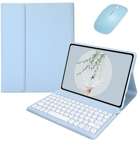 Funda de teclado para Galaxy Tab A7 Lite de 8.7 pulgadas con teclado y mouse Bluetooth, funda de teclado desmontable de color caramelo con tecla redonda, azul cielo