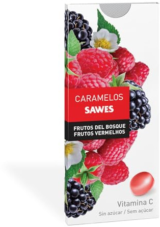SAWES Pastillas Refrescantes Frutos del Bosque Caramelos Sin Azúcar con 8 Vitaminas Alivio de Garganta y Refrescan el Aliento Caja de 10 Pastillas 22 g