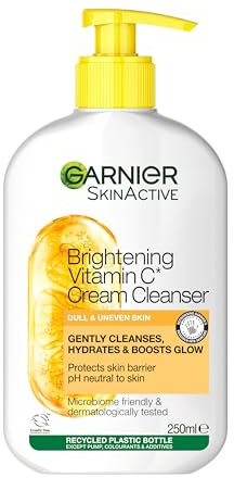 Garnier Vitamin C Brightening Cream Cleanser, Removes Make-up and Impurities, Hydrates and Brightens for Even Glowing Skin, for Dull and Uneven Skin, Dermatologically Tested, Cruelty free, 250ml