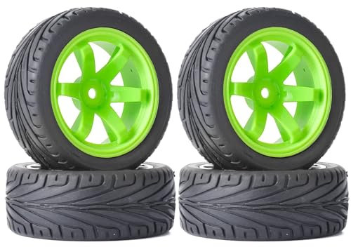 RC Auto Reifen und Räder Set,KINGCOO 4Stück 65mm Gummireifen und Kunststoff Räder 6 Speichen Felgen 12mm Hex für 1/10 RC On-Road Touring Racing Auto für HSP HPI Kyosho Tamiya (Grün)