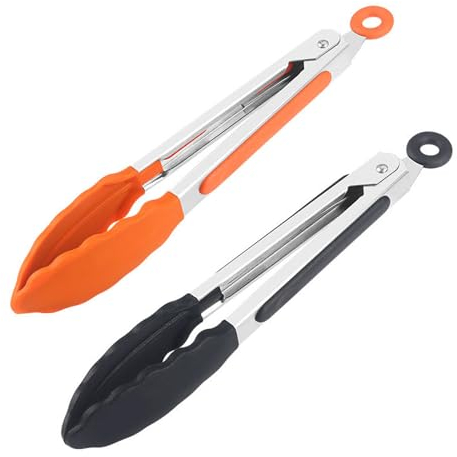 EASONGEE 2pcs Kitchen Tongs, 8.35 Silicone Tongs Stainless Steel Cooking Tongs with Locking Clip, Non Stick and Heat Resistant Handle BBQ Tongs Serving Tongs for Cooking, Salad, Oven, Air Fryer