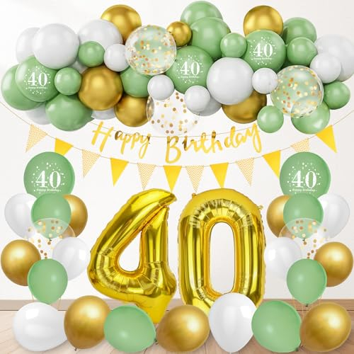 40. Geburtstagsdeko, 84 Stück Geburtstag Deko Frau Mann mit Banner, Riesen Folienballon Zahl 40, Sage Grün Gold Luftballons Party Ballons Tortendeko für 40 Geburtstag Dekoration