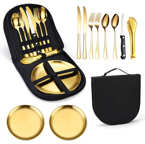 Sternstunde Camping Geschirr, Camping Geschirr Set 2 Personen 13-Teilig,Tragbar Und Langlebig Edelstahl Outdoor Geschirr FüR Outdoor, Camping, Picknick, Grillen Und Wandern (Gold)