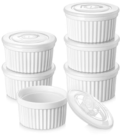 vancasso RAMEKINS 260ml Soufflé Förmchen Set von 6, Ø10.1cm Creme Brulee Schälchen Backofen sicher, Porzellan Soufflés mit Deckel, Kleine Keramik-Schalen, Mini Auflaufformen zum Backen, Weiß