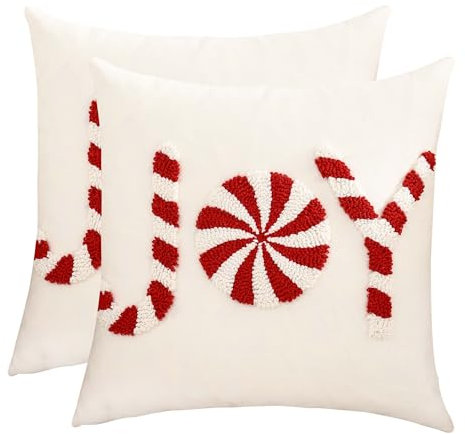 2 Stück Kissenbezug Weihnachten Kissenbezüge 45x45 cm Leinen Dekorative Zierkissenbezüge Rot Joy Tufteter Schneeflocke Deko Kissenhülle für Merry Christmas Sofa Couch Schlafzimmer Wohnzimmer