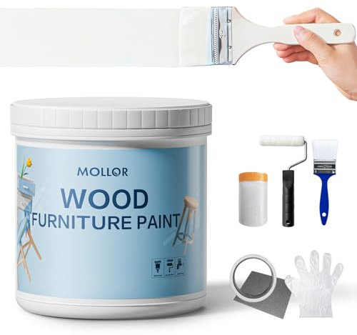 Mollor Brocha de Madera Especial Pack - Pintura para Muebles sin lijar - Pintura para Madera - Pintura Chalk Paint Efecto Tiza Colores (16oz/500g, Blanco con herramientas)