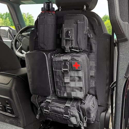 LZBYYDS Taktischer Autositz-Rückenlehnen-Organizer, universeller Autositz-Rückenlehnenbezug mit 5 Molle-Taschen, passend für alle Fahrzeuge (1 wasserdichte Tasche + 1 Wasserbechertasche)