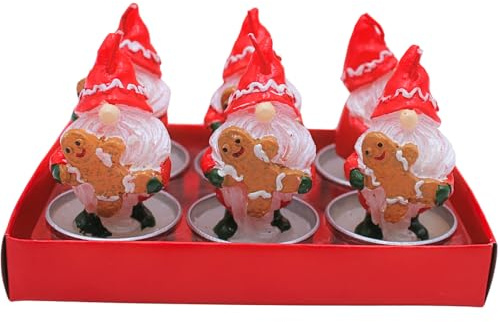 Dekohelden24 6er Set Teelicht Wichtel - Figurenkerze als Wichtel ohne Gesicht mit Lebkuchen in der Hand in rot, Lieferumfang 6 Figurenkerzen, Maße je Teelicht L/B/H: 4 x 4 x 8 cm.