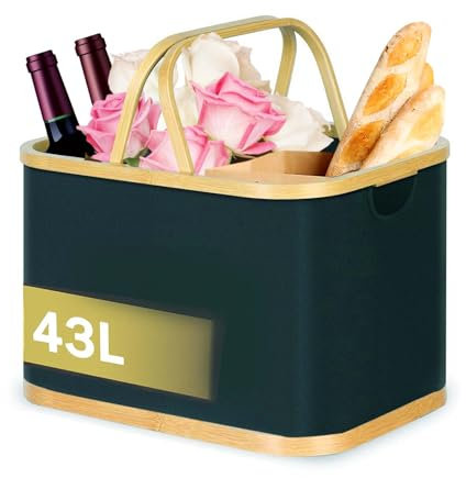 alouweekuky Einkaufskorb, Picknickkorb Tragekorb Stabil Carrybag Große Einkaufstasche Korb mit Bambusgriffen Henkel Schwarz Einkaufskörbe (44 * 33 * 30cm)