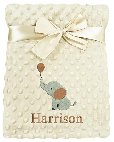JJLC Personalised Baby Bobble Blanket Embroidered Elephant & Name Soft Fleece Wrap Boys Girls (Beige Bobble)
