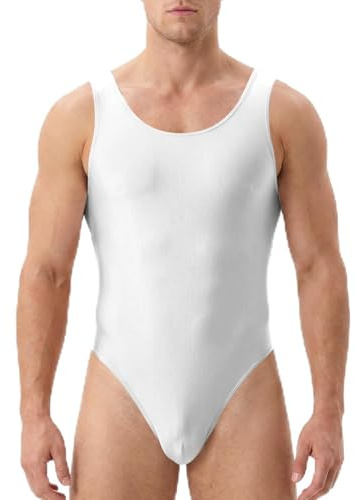 HIVTE Men's Glossy Sleeveless Leotard U-Neck Stretchy Low Back Slim Fit Bodysuit for Gymnastics Dance Gym Yoga (White)