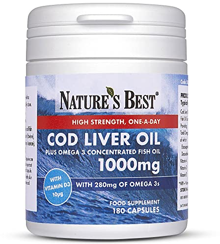 Premium Cod Liver Oil 1000mg Pure Omega 3's - 180 Capsules, 1-a-Day 6 Month's Supply - 280mg Omega 3 & 10µg Vitamin D3 per Capsule - Supports Vision, Brain, Heart, and Blood Pressure - Taste-Free