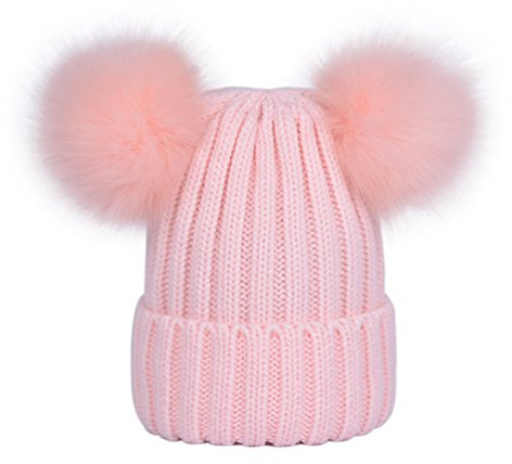 LAUSONS Warme Wintermütze für Damen Beanie Mützen Gerippte Strickmütze mit doppeltem Kunstfellbommel