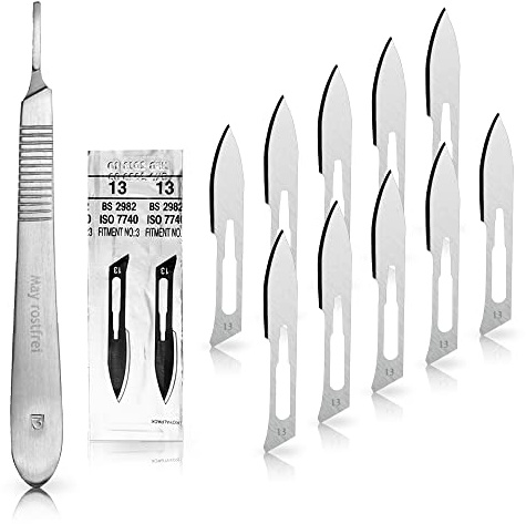 Set avec 10 x lames de scalpel N° 13 - Lame chirurgicale stérile en acier au carbone et 1 x manche de scalpel Figure N° 3 en acier inoxydable