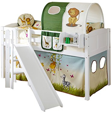 Sparpaket Hochbett mit Rutsche Podestbett Ekki Kiefer massiv Weiss mit Farbauswahl