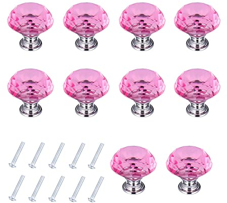 PETITES ECREVISSES 10 pcs 40mm Kristall Türgriff, Transparent Diamant Form Kristall SchrankKnöpfe Möbelknöpfe Möbelgriffe Schrankgriffe Mit schrauben (Rosa)