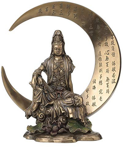 JFSM INC. Guan Yin sitzend auf Halbmond mit Herz Sutra Statue Skulptur – Bodhisattva