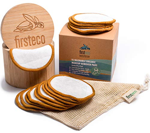 Abschminkpads waschbar 18 tlg. Premium Set: Bambus-Box, Wäschebeutel, EBOOK & 15 wiederverwendbare Wattepads | Baumwolle Abschminktücher Make-up Remover Pads Nachhaltige Produkte Zero Waste Firsteco