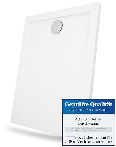 Art-of-Baan® Premium Duschwanne - Duschbecken für Badezimmer - mit DIN-Anschluss - flache Duschtasse inklusive Ablaufgarnitur - weiß - 100 x 90 cm