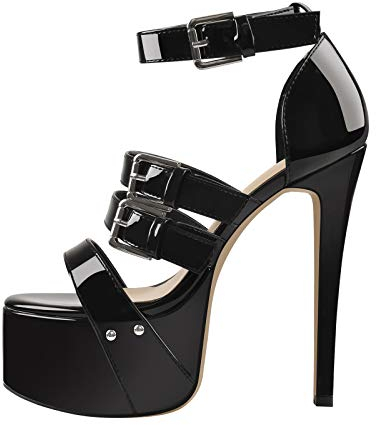 Only maker Damen Plateau High Heels Lack Schwarz Sandalen mit Schnalle Gothic 37 EU