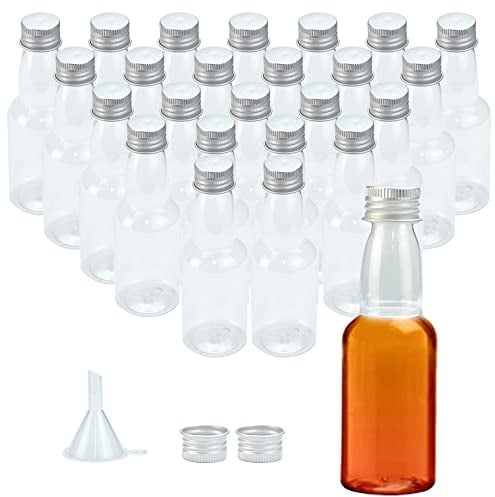 TANCUDER 25 Pezzi Set di Mini Bottiglie per Liquore con Tappi a Vite Piccole Bottiglie di Plastica 50ml Riutilizzabile Bottigliette Trasparenti con Imbuto per Olio, Sciroppo, Birra, Succo e Vino